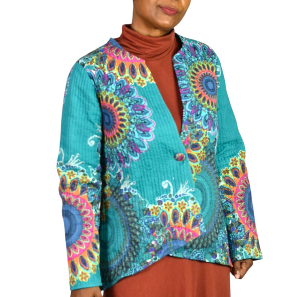 Soft Surroundings Quilted Jacket Green Paisley Cotton Mandala Print Artistic XS - Picture 12 of 16